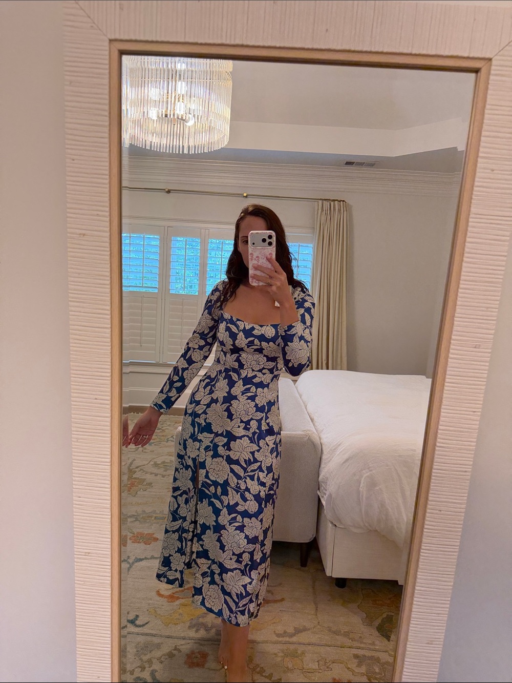 Zara Blue Floral Square-Neck Long-Sleeve Midi Dress